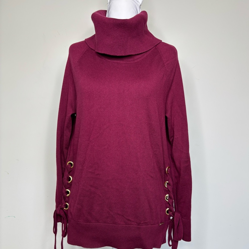 BN2 Michael Kors Women's Burgundy Sweater Side‎ Lace-Up Turtleneck - Picture 2 of 9